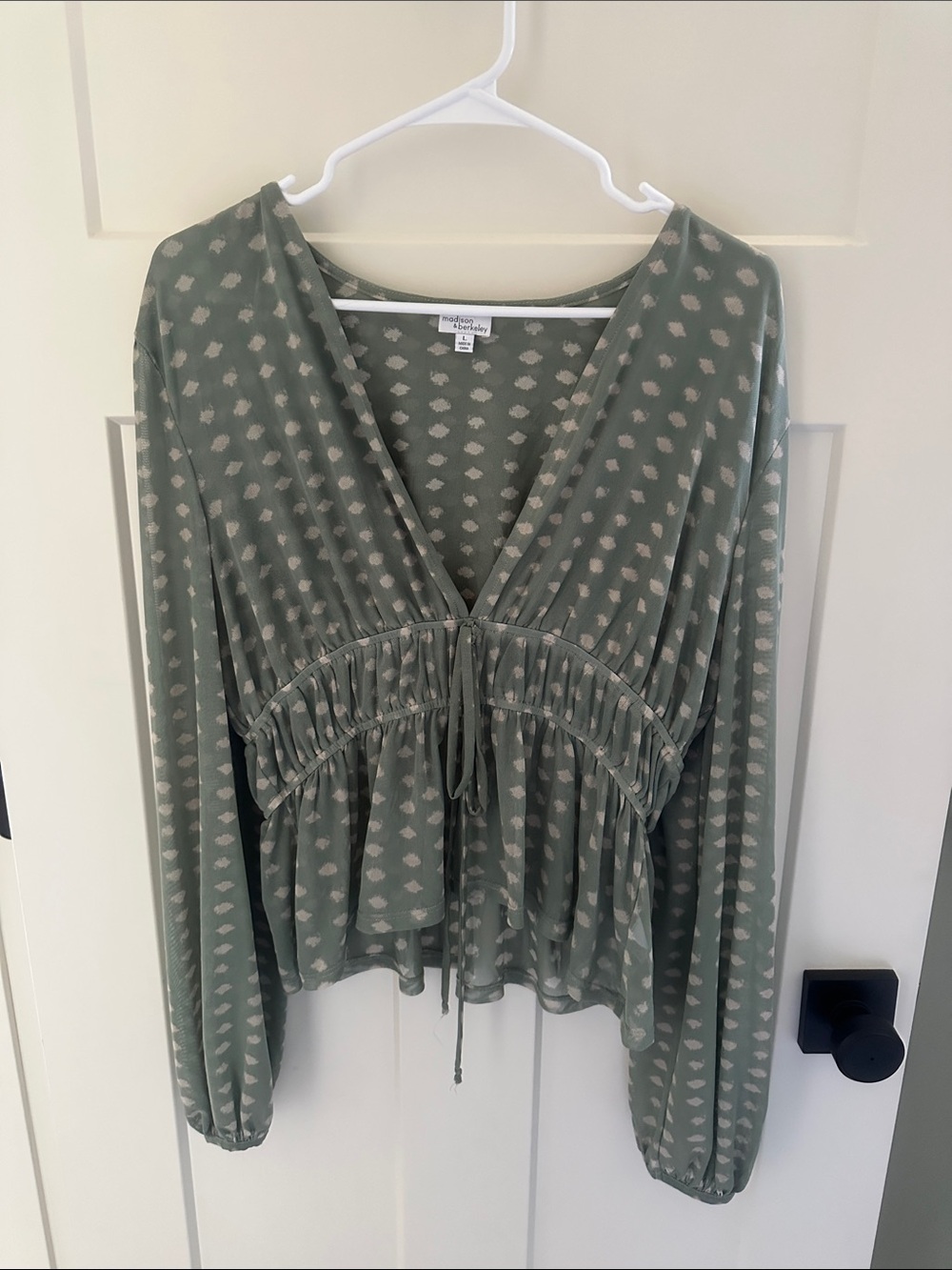 Madison & Berkeley Sage Green Dot-Print Drawstring Peplum Blouse